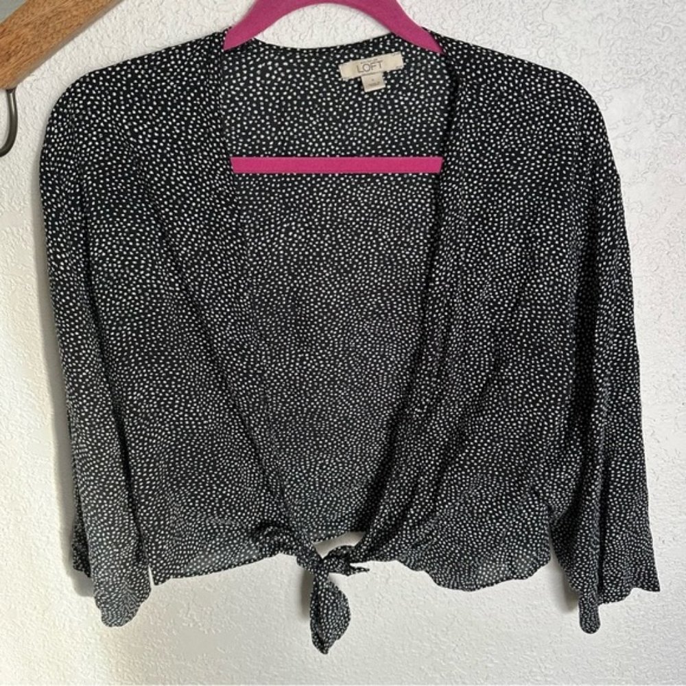 LOFT polka dot speckled tie front cardigan